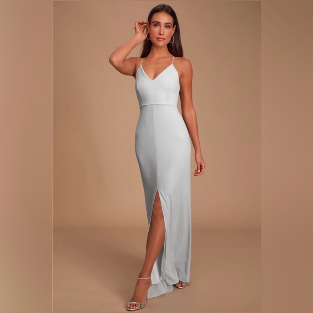 Long dress formal cocktail wedding prom grey maxi back Lulus Story of StarryNite